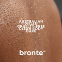 Close-up of a person's skin with bronte branding and text about Australian vegan and cruelty-free products.